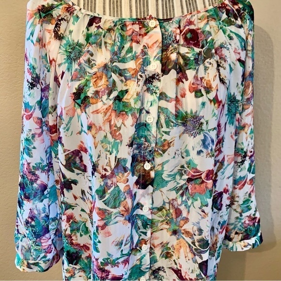 Apt 9 Blouse 1X White Floral Purple Green Orange Pink Semi Sheer Dressy - Picture 3 of 14